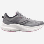 saucony tempus löparsko för dam och för överpronation med bred läst i grå färg med rosa detaljer (färgens originalnamn: alloy/quartz gris)