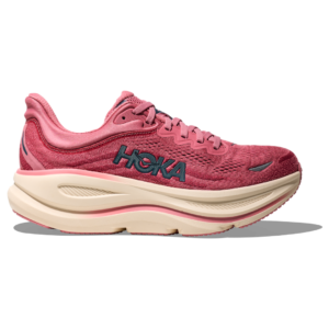 Rosa HOKA Bondi 9 WIDE löparsko för dam sedd från utsidan.