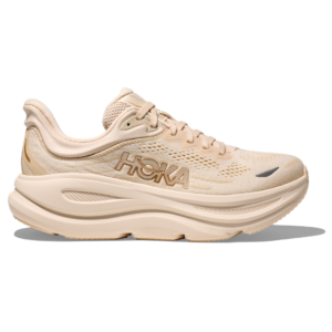 Beige HOKA Bondi 9 WIDE löparsko för dam sedd från utsidan.