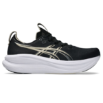 Svart och Vit ASICS Nimbus 28 l&ouml;parsko f&ouml;r herr sedd fr&aring;n yttersidan.